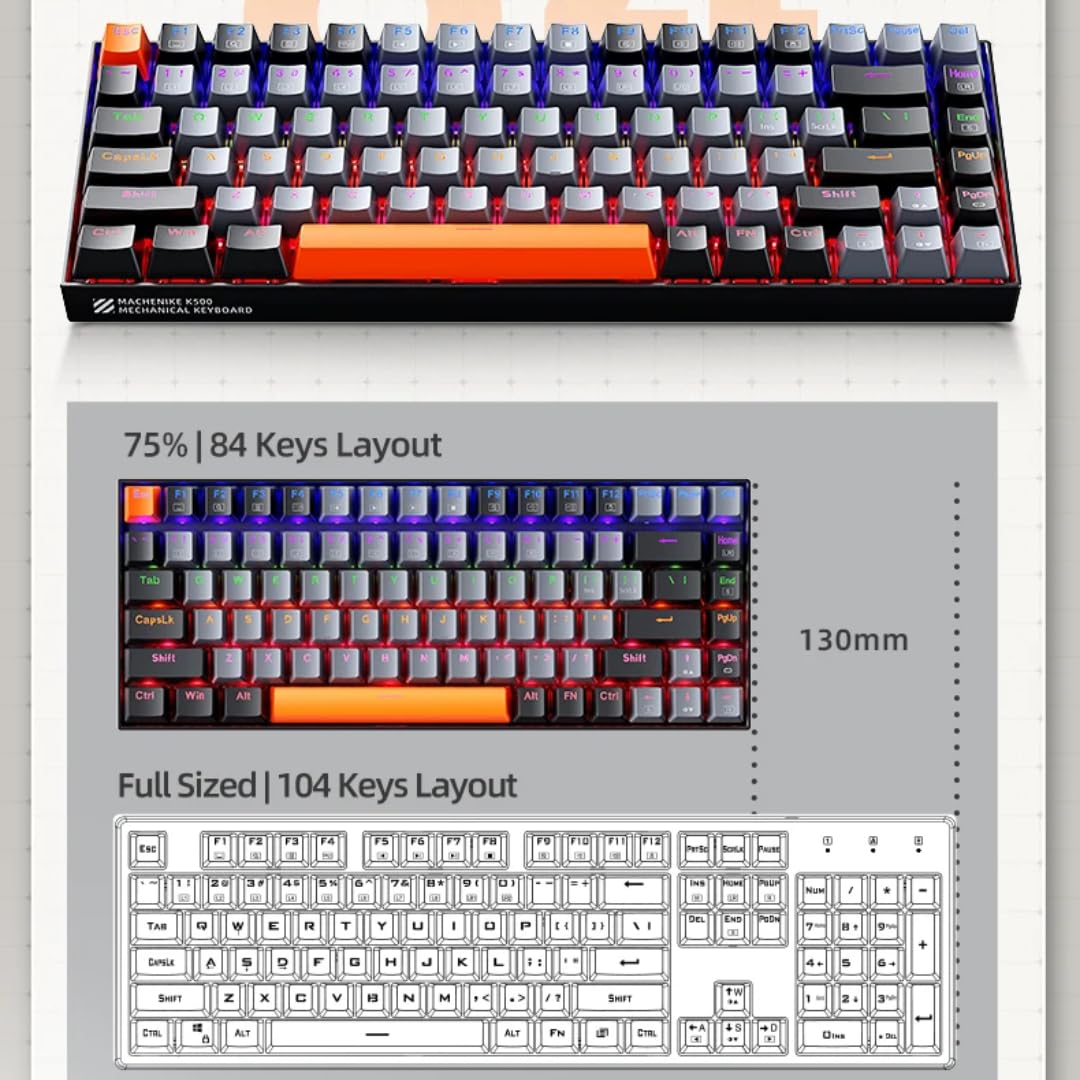 Teclado Mecânico 75% TKL Hot-Swappable K500A-B84, Com Fio, Gaming